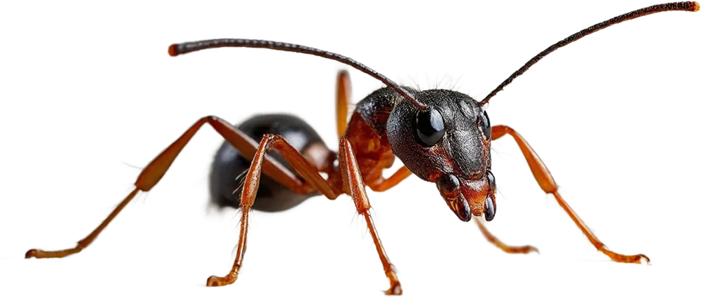 Reddish-brown ant with a glossy black abdomen against a plain white background