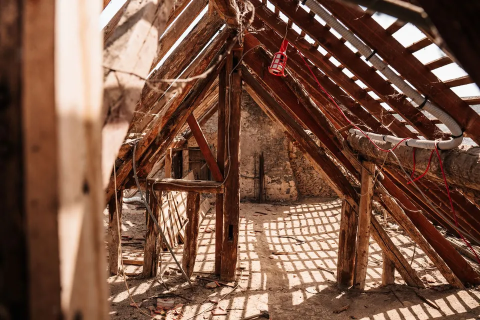 Bare wooden rafters and roof boards seen from inside a dusty attic, daylight showing through the gaps
