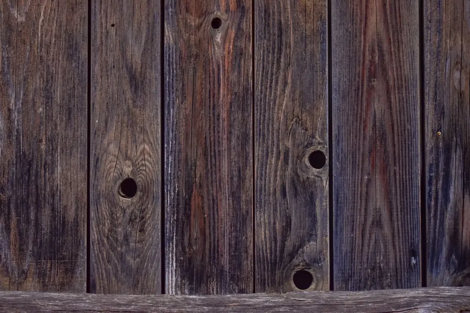 Dark round holes spaced across bare, weathered vertical fence boards with gray and brown grain