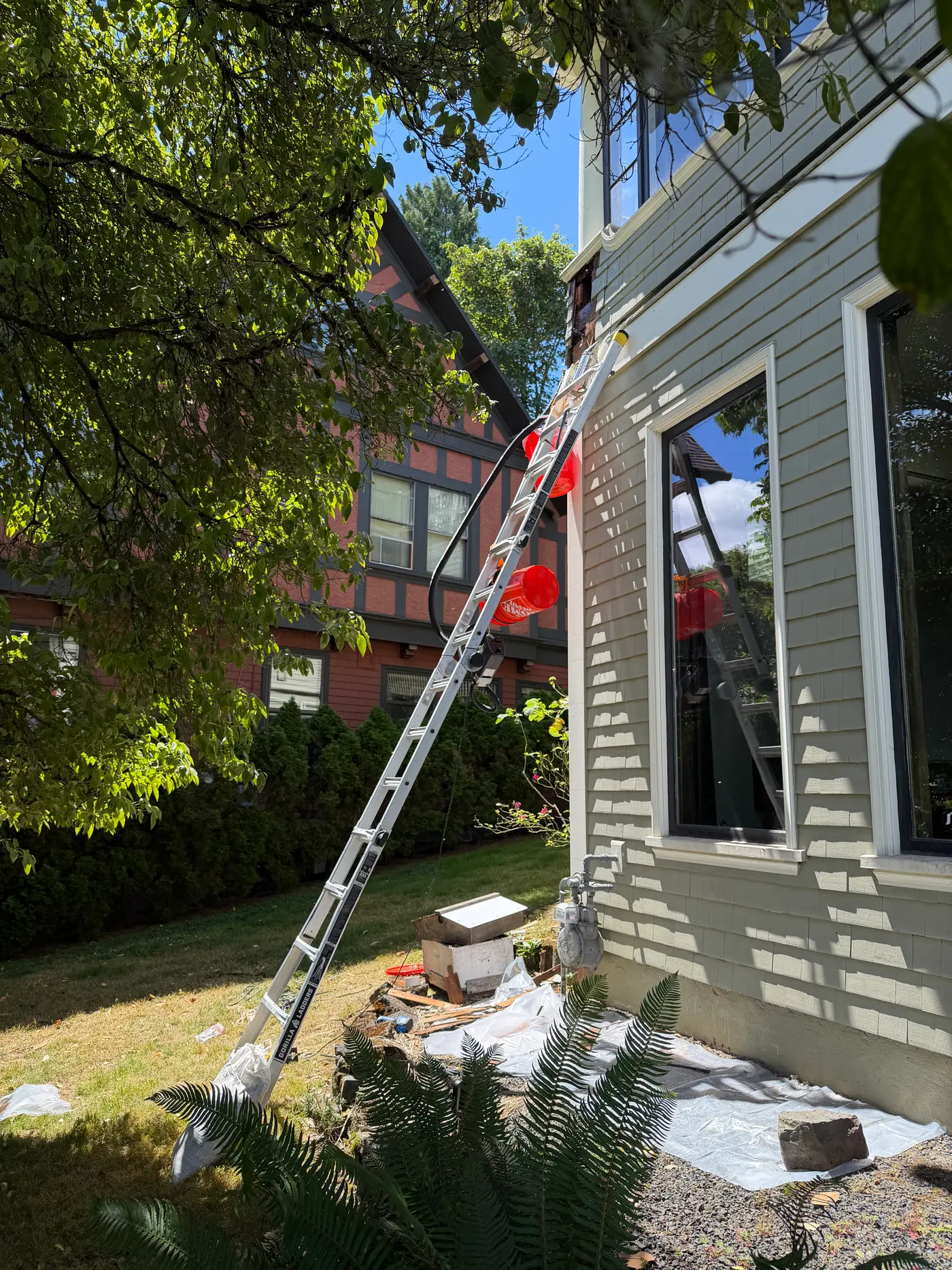 Extension ladder with buckets and hose leaning against a second-story eave, drop cloths staged below