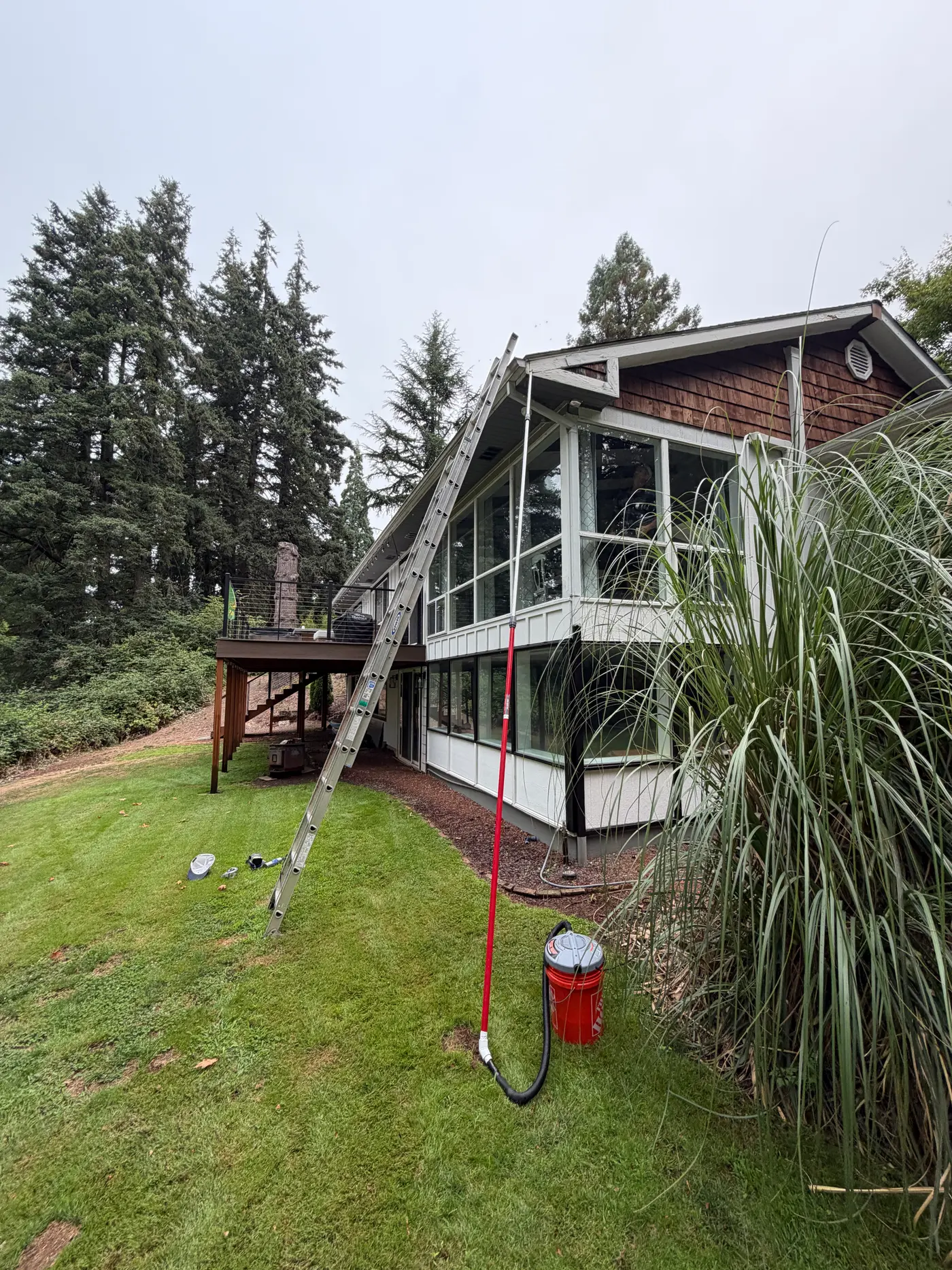 Extension ladder leaning against a house roofline with a bucket and long pole staged on the lawn