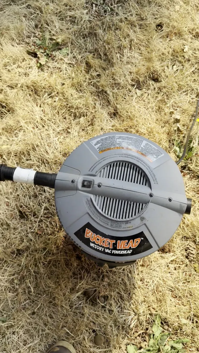 Bucket Head wet/dry vacuum powerhead with hose attached, sitting on dry grass beside a house during a yellow jacket removal